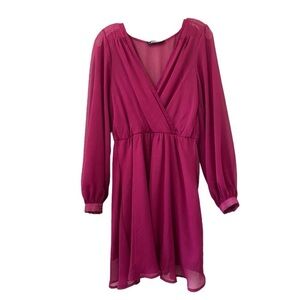 Lulu’s Magenta Pink Sheer V Neckline Long Sleeve Dress